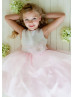 A-line Boat Neck Organza Knee Length Tiered Flower Girl Dress With Decorated Flower Sash